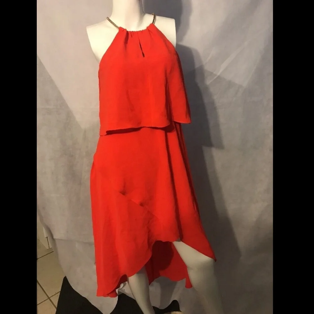 NEW Adrianna Papell High Low Popover Crepe Dress in Fire Orange [SZ 4‎ ] - Picture 2 of 8